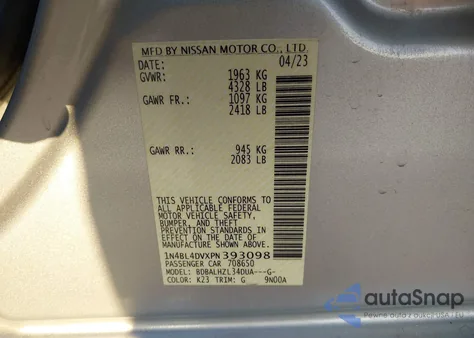 2023 Nissan Altima Sv Fwd from USA, damaged, VIN 1N4BL4DVXPN393098